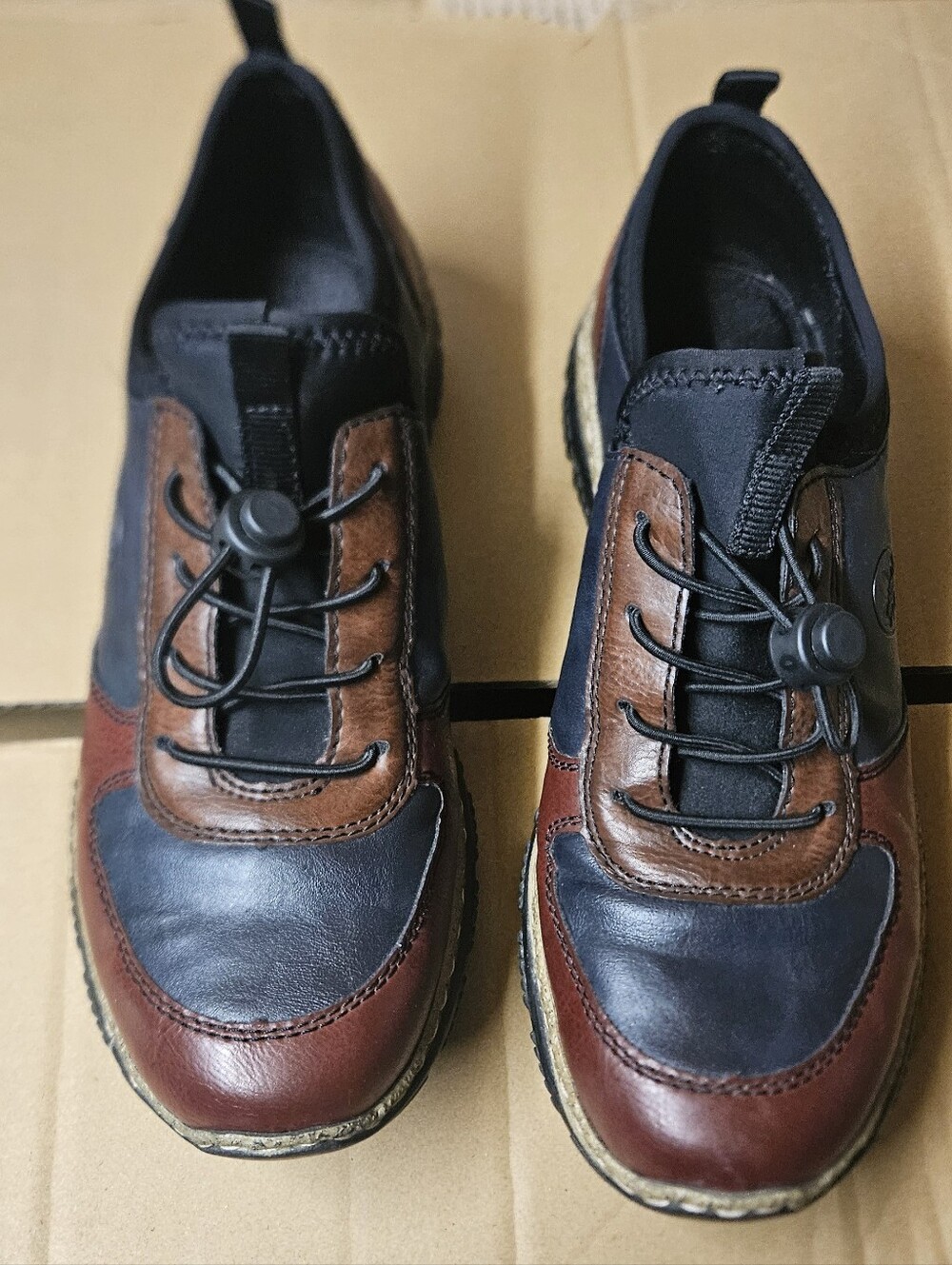 Rieker Two-Tone Brown & Black Leather Slip-On Loafers Real Leather